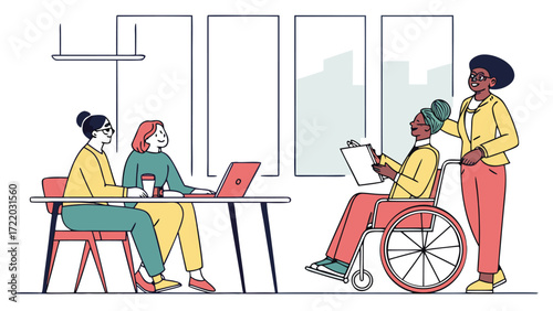 Vector art of diverse group of colleagues collaborating in a modern office space, fostering inclusivity and teamwork