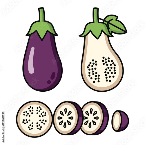 Fresh purple eggplant whole and sliced for healthy cooking and delicious recipes