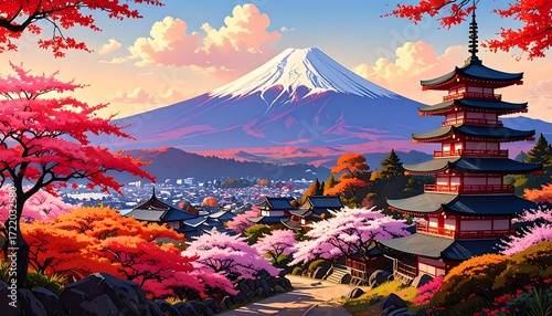 Mountain landscape with pagoda and blossoms