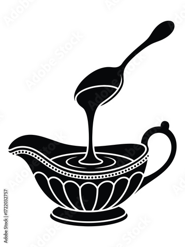 Black silhouette of a gravy boat with a spoon pouring liquid