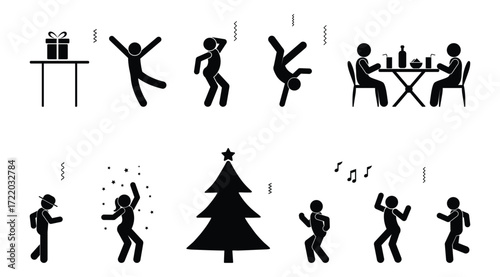 People celebrating Christmas, New Year icon set, festive disco, stick figure human silhouettes, stickman having fun and dancing