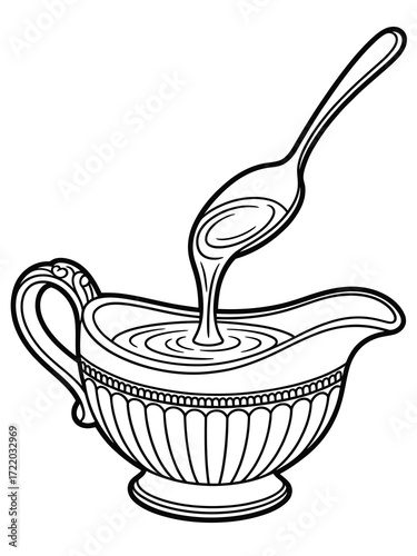 Line art illustration of gravy being poured from a spoon into a gravy boat