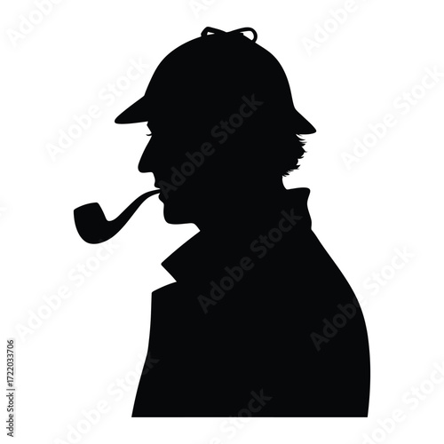 Black and white silhouette of Sherlock Holmes in profile view with deerstalker hat, coat, and pipe, minimalist detective illustration on white