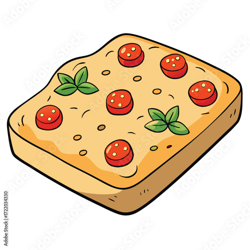 Cartoon slice of toast with tomato slices and basil leaves bread food