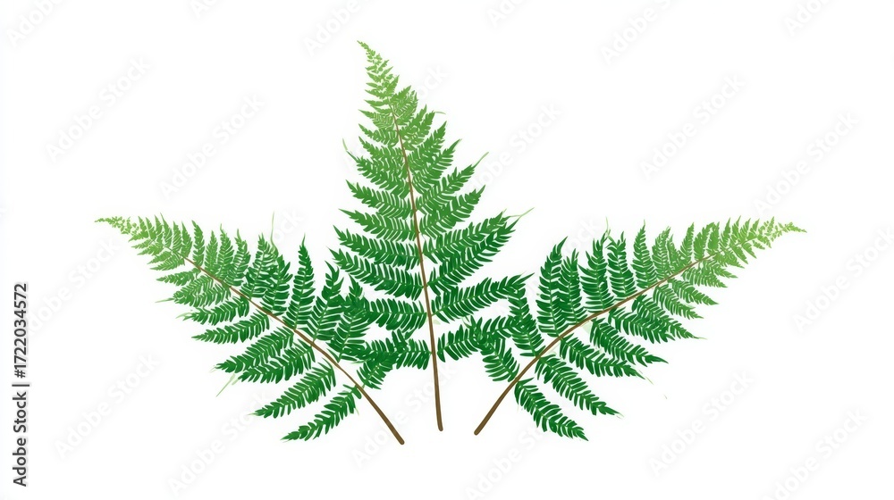 Obraz premium Close-up of three fern fronds, vibrant green, detailed structure, isolated on white background.