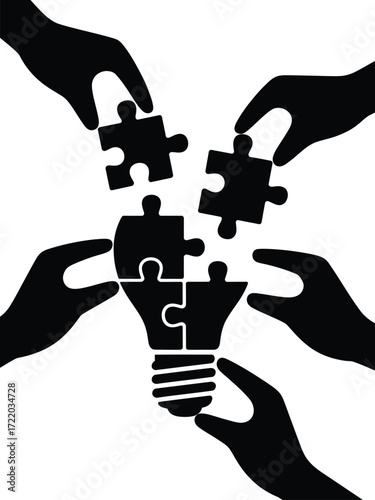 Hands assembling puzzle pieces into a lightbulb symbolizing teamwork and ideas