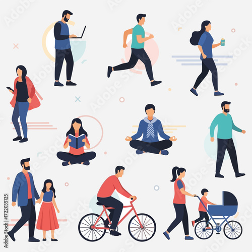 Diverse Collection of People Engaging in Various Daily Urban Activities, Illustrating Modern Lifestyles, Wellness, and Social Interaction