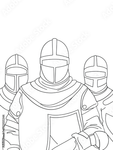 Three medieval knights in full armor standing together