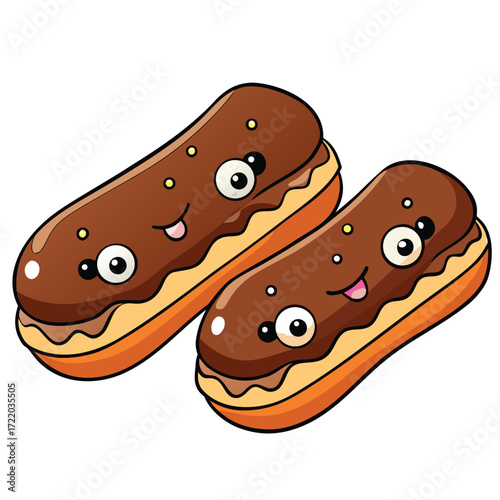 Two Cheerful Cartoon Eclairs with Chocolate Glaze and Pink Tongues Keywords: eclair, chocolate, pastry