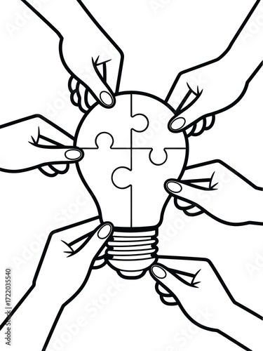 Hands assemble a lightbulb puzzle representing teamwork and ideas
