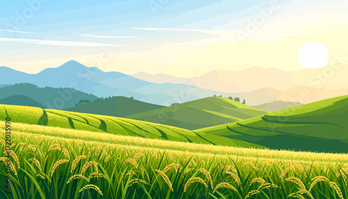 A peaceful and serene digital illustration of a vast golden rice paddy field with rolling green hills and distant mountains at sunrise