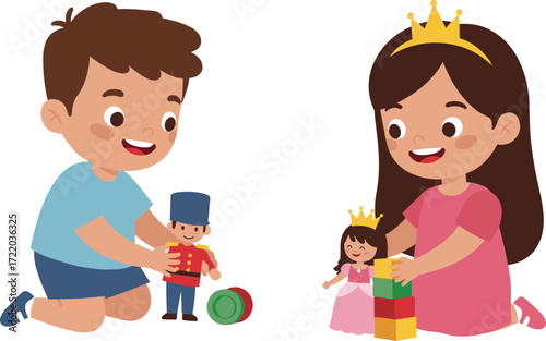 Happy children playing with toys, cute boy and girl enjoying fun games, creative playtime cartoon vector illustration design for kids