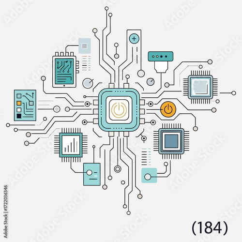 Digital circuit board with central processing unit in abstract illustration style