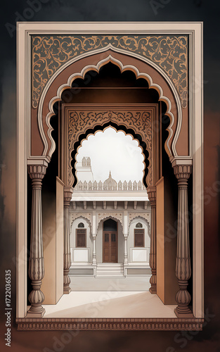 Ornate indian archway revealing a courtyard and building facade