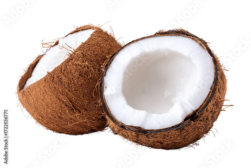Two fresh coconut halves with white flesh, isolated on white transparent background