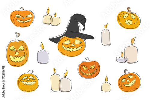 Stylized colorful pumpkins with candles, drawn in single line, in a vector Halloween set