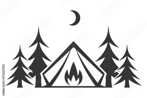 Camping with Tent Fire Trees and Moon on White Background