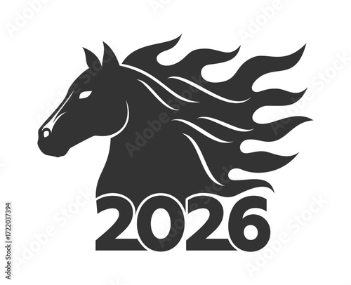 Black side silhouette of a horse head with a fiery mane and number 2026 on a white background. Vector illustration