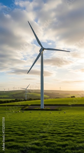 Wind Turbines on Green Field Landscape.