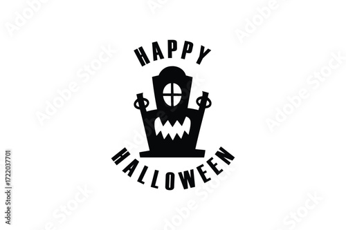 Black Halloween tombstone with monster face and text