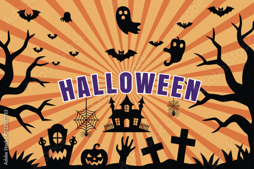 Halloween spooky scene with ghosts bats and pumpkins