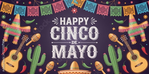 Vibrant cinco de mayo celebration with papel picado guitars and pinatas