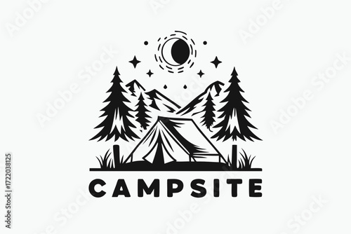Campsite Tent, Forest Trees, Mountains, Moon and Stars with White Background