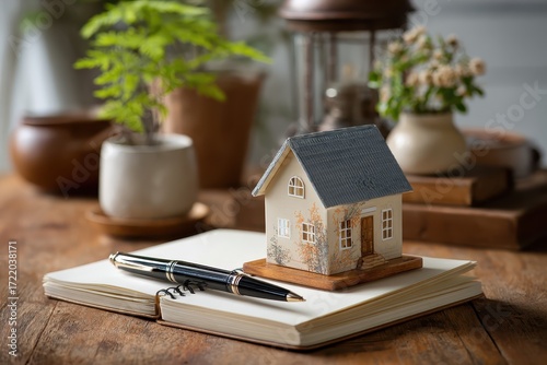Wallpaper Mural Beautifully arranged house model pen notepad on a rustic wooden table creates a warm, inviting workspace perfect for creativity and reflection in a cozy indoor setting Torontodigital.ca