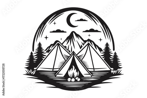 Camping with Tents, Campfire, Moon, and Trees on White Background