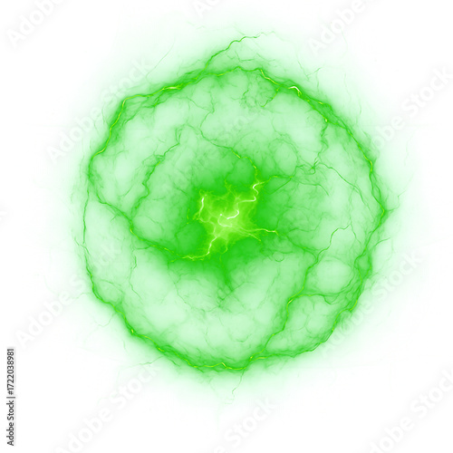 Abstract green energy orb with electric plasma effects isolated on transparent background