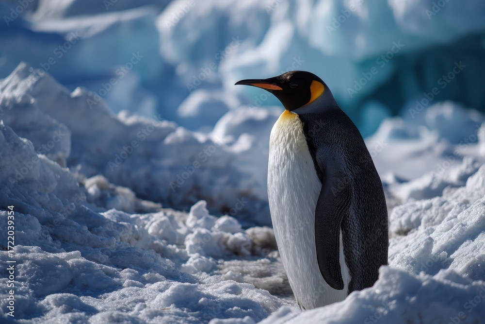Fototapeta premium King penguin standing on a glacier with flipper raised, observing its icy surroundings in Antarctica during clear daylight