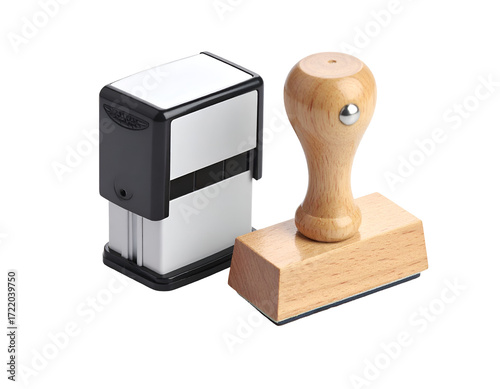 A collection of two distinct rubber stamps showcasing a modern design and a classic wooden handle style.