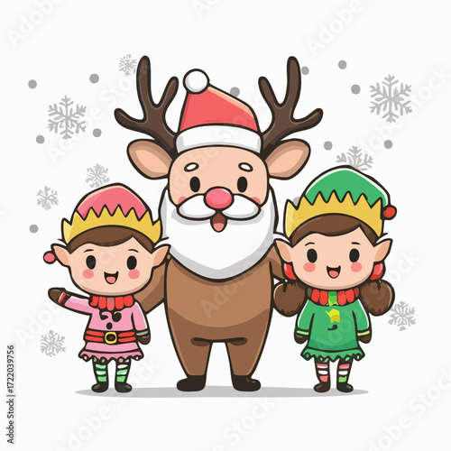 Cute Christmas Character Vector — Adorable Santa, Reindeer, and Elves in Festive Holiday Scenes