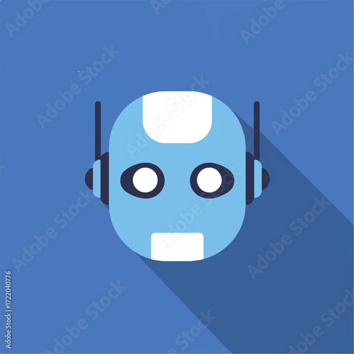 A blue robot head with white accents and black eyes on a blue background