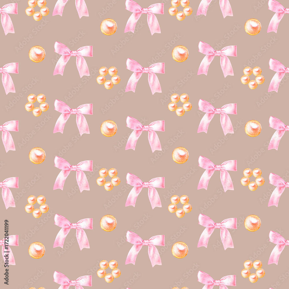 custom made wallpaper toronto digitalSeamless pattern with pink bow and pearl flower and pearls, hand drawn in watercolor.