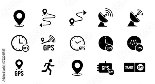 GPS navigation icons location, route, tracking, time, and signal with various symbols for digital mapping