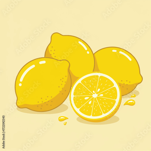A group of yellow lemons and a lemon slice on a light yellow background