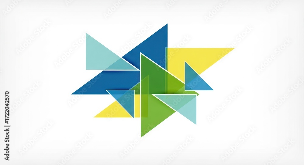 Fototapeta premium Abstract Geometric Triangles Composition with Overlapping Blue, Green, and Yellow Shapes on a White Background