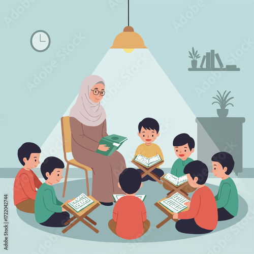 Teacher instructing children with books in a room