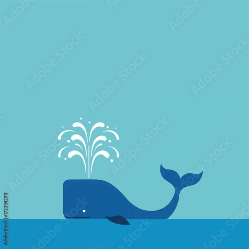 Blue whale exhaling water spout against a light blue background