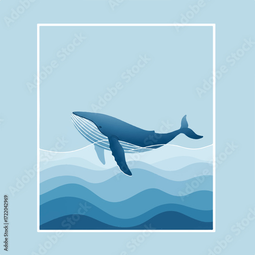 A blue whale swims through stylized wavy water under a light blue sky