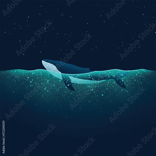 A dark blue whale swims under a starry night sky and shimmering ocean waves