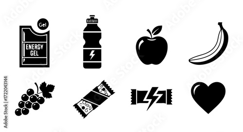Assortment of Energy Boosting Foods and Drinks Black and White Icons