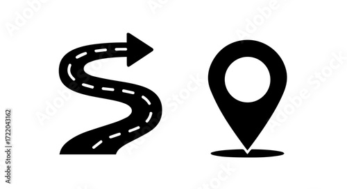 Vector illustration of a winding road and a map pin icon representing navigation and travel