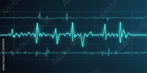 Medical cardiogram on a green monitor shows a steady heartbeat pulse line, illustrating the rate of a healthy heart