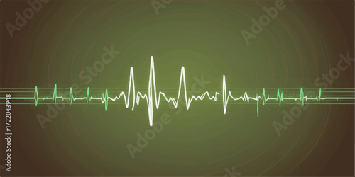 Abstract audio wave and heart pulse on a green medical EKG monitor line graph