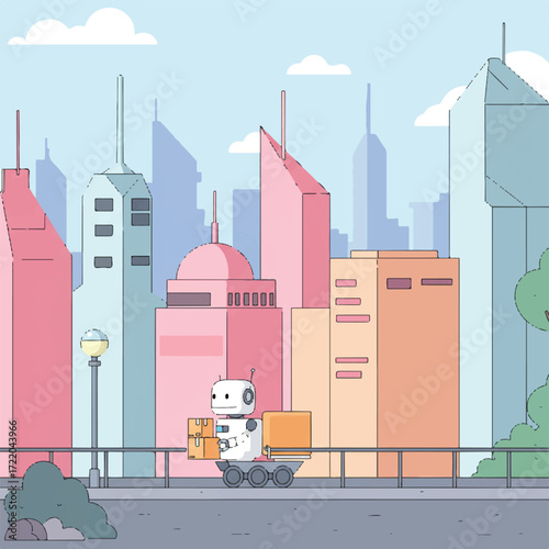 A cartoon robot delivers packages on a wheeled cart in a city