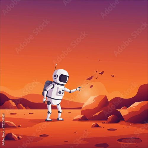 Robot astronaut on a rocky orange planet with a purple and orange sky