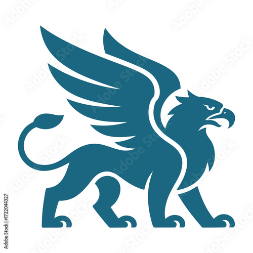 Minimalist griffin logo in teal blue with stylized lion body and eagle head in dynamic modern art design on white background