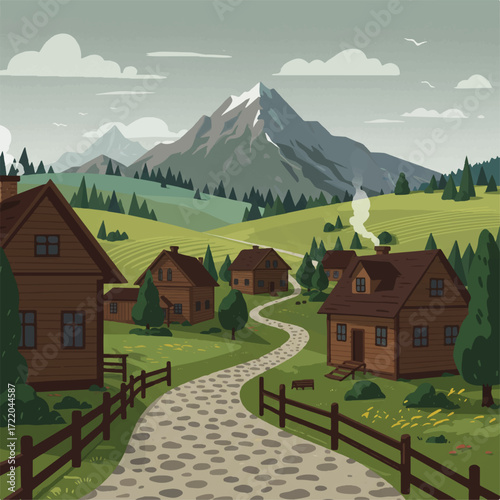 Pixel art village with cabins and a mountain backdrop